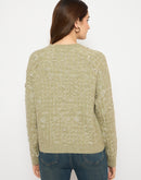 Madame Self Design Round Neck Green Sweater