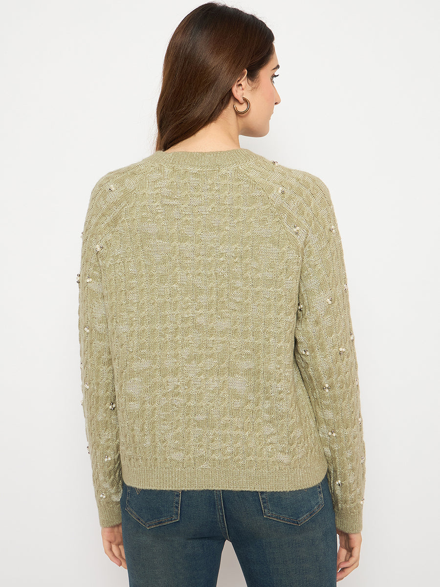 Madame Self Design Round Neck Green Sweater