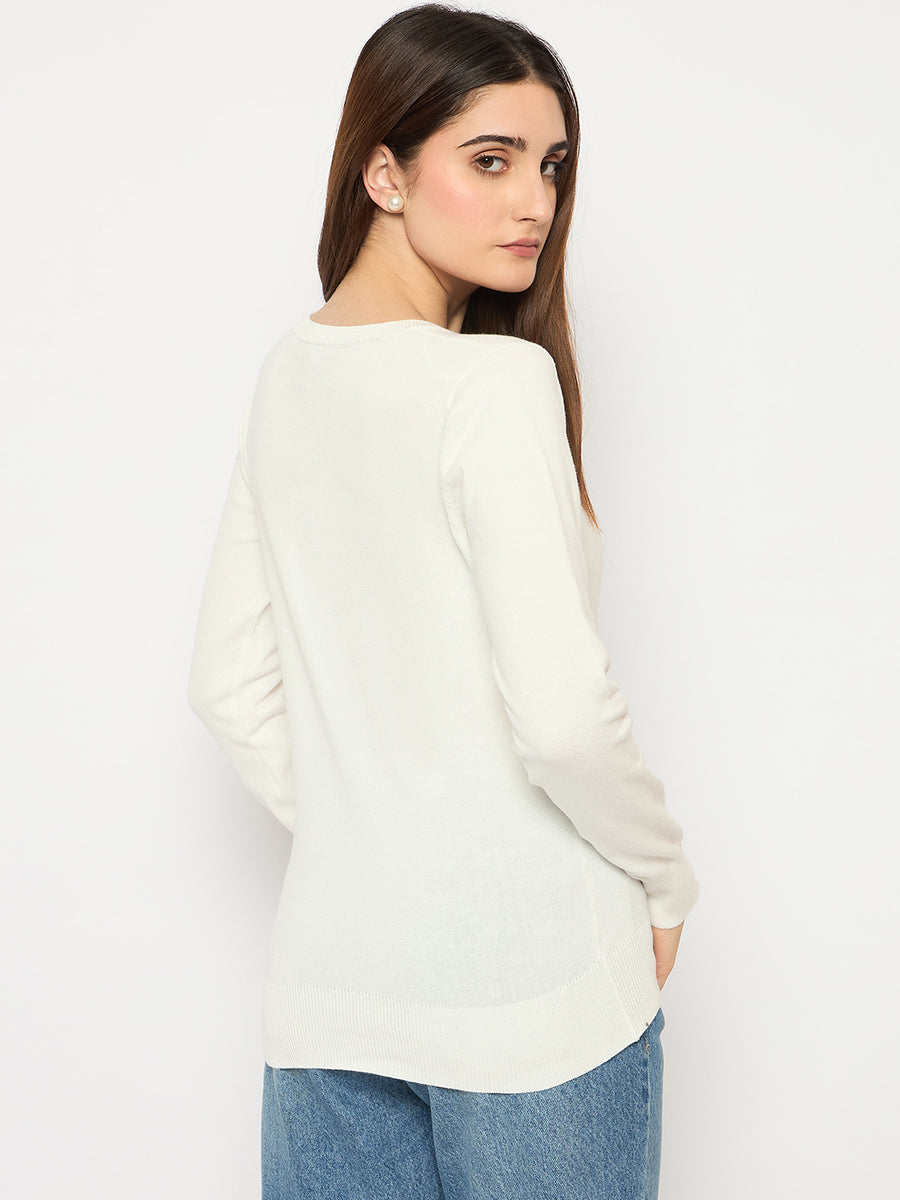 Madame Round Neck Ribbed Cuff Off White Sweater