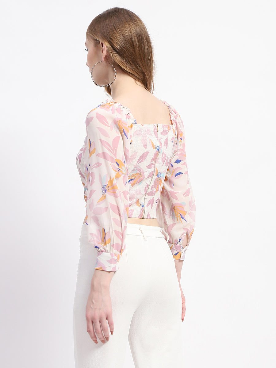 Madame Off White Floral Print Crop Top