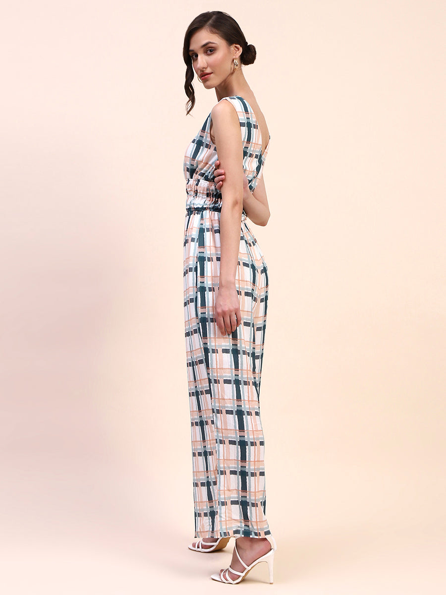 Camla Barcelona Checkered Cinch Waist Sleeveless Off White Jumpsuit