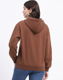 Madame Fleece Embroidered Closed Brown Hooded Sweatshirt For Women