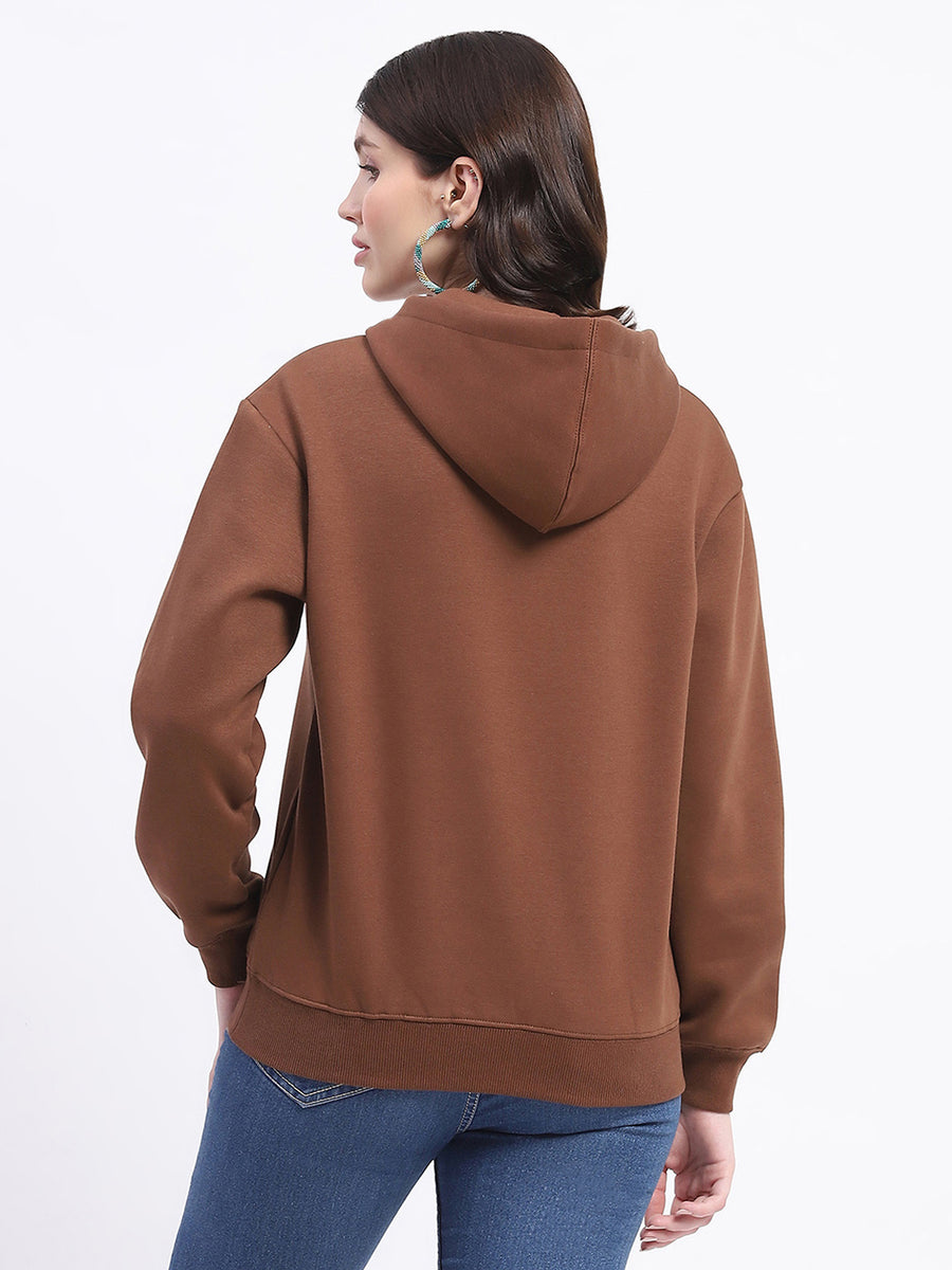 Madame Fleece Embroidered Closed Brown Hooded Sweatshirt For Women