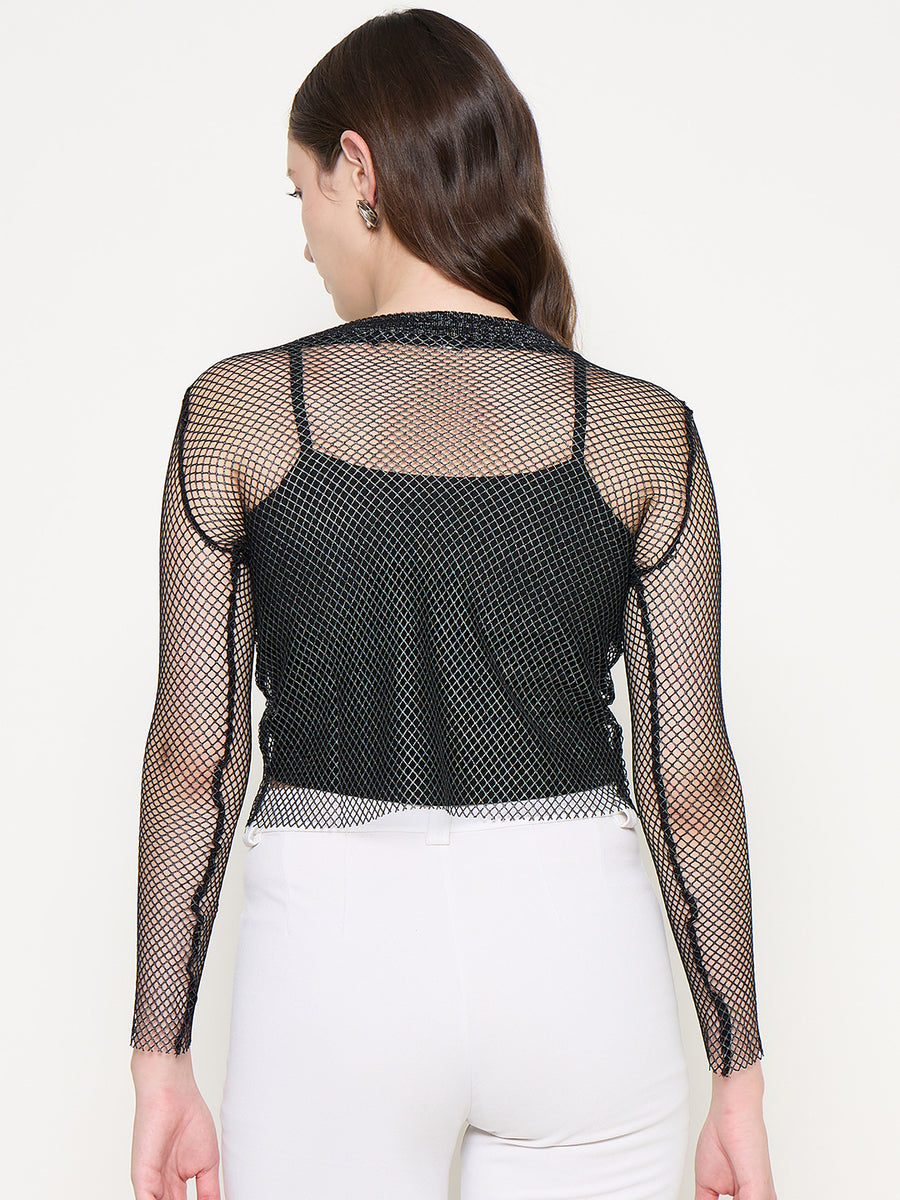 Madame Mesh Mock Neck Spaghetti Solid Black Top