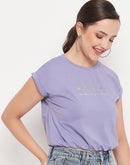 Madame Solid Violet Typography Cuffed Half  Sleeves Elasticated Waist Top