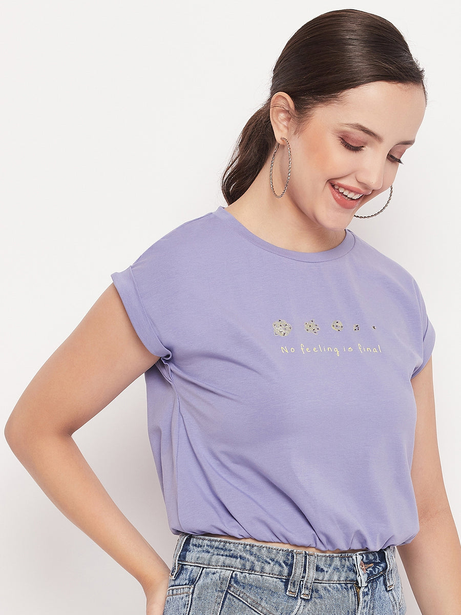 Madame Solid Violet Typography Cuffed Half  Sleeves Elasticated Waist Top