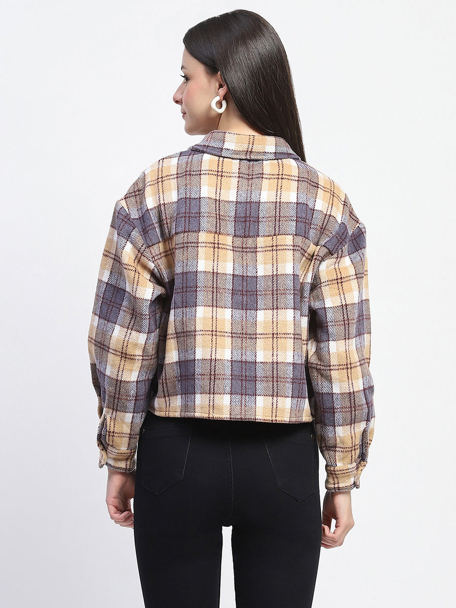 Madame Chequered Loose Fit Grey Crop Shacket