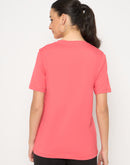 Madame Basic Fit Graphic Print Round Neck Half Sleeve Pink Top