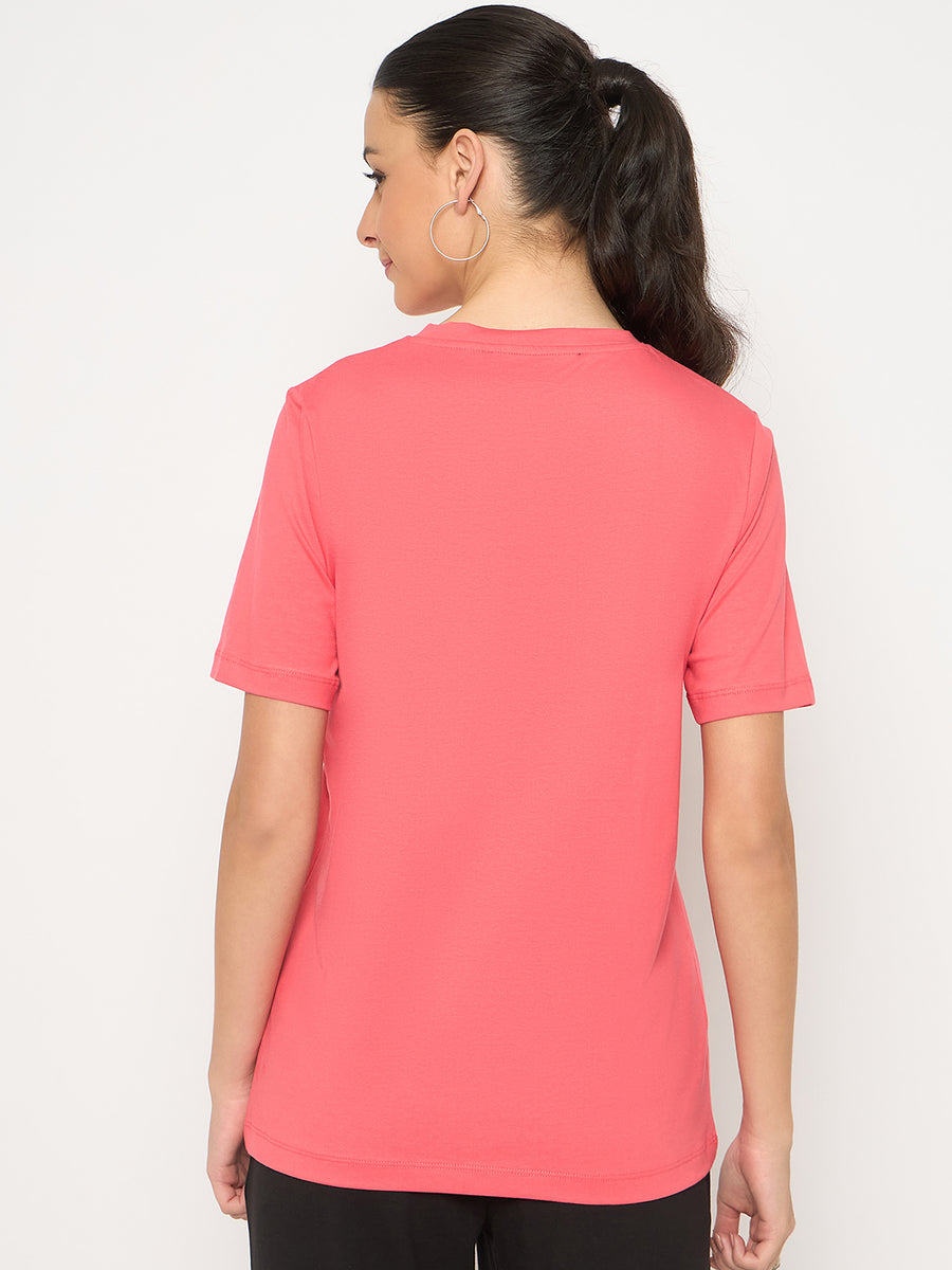 Madame Basic Fit Graphic Print Round Neck Half Sleeve Pink Top