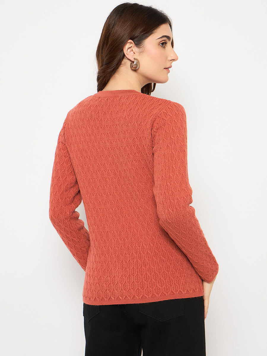 Madame Cable Knit Round Neck Rust Red Cardigan