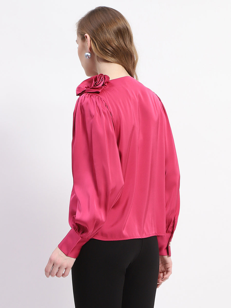 Madame Hot Pink Drape Top with Flower Applique