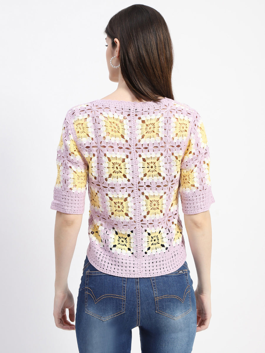 Madame Crochet Knit Button-Down Mauve Cotton Crop Top