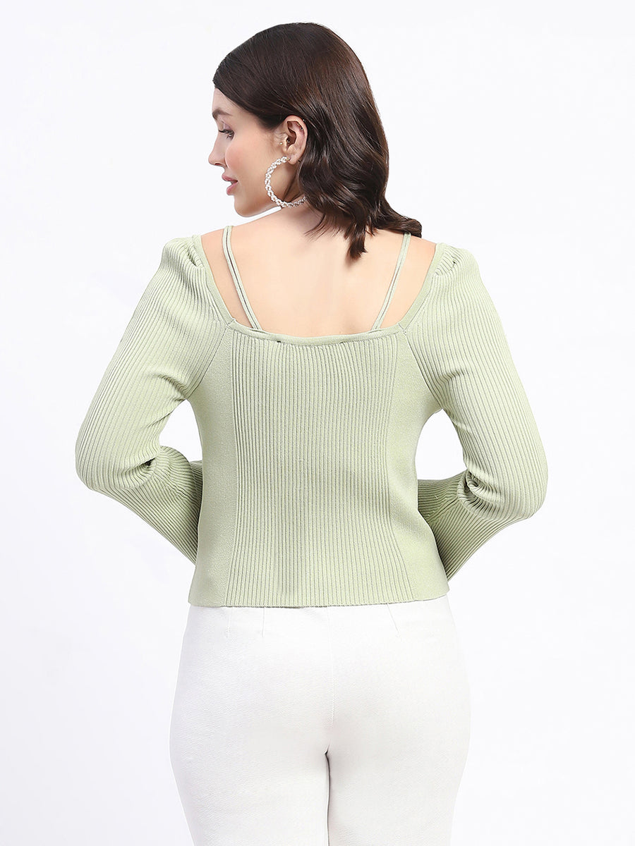 Madame Metal Accented Flounce Sleeve Mint Green Knit Top