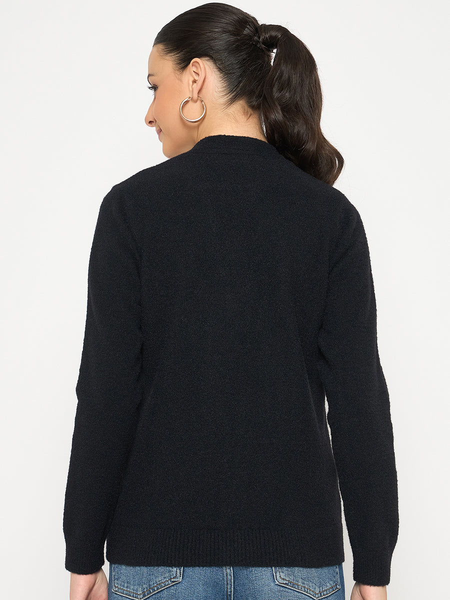 Madame V Neck Solid Black Cardigan