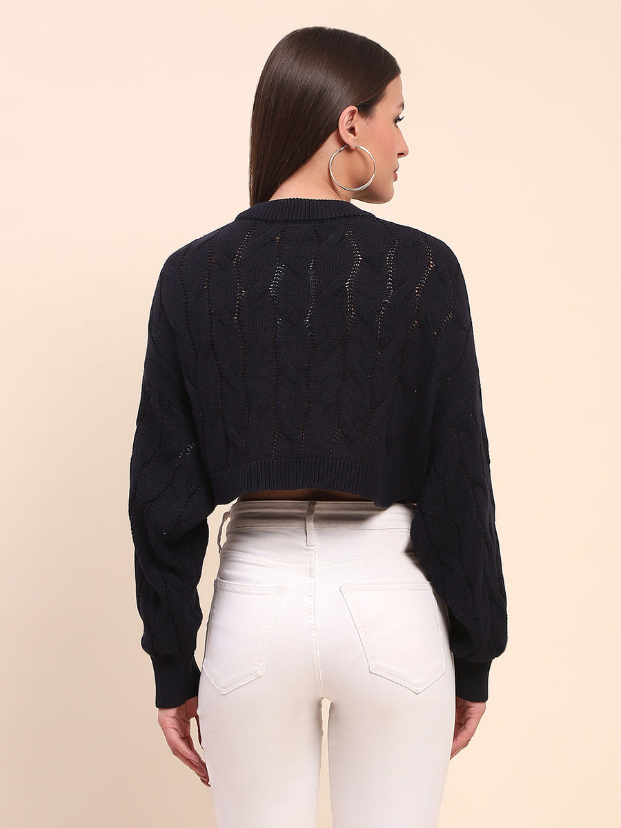 Camla Barcelona Cotton Cable Knit Navy Blue Crop Sweater