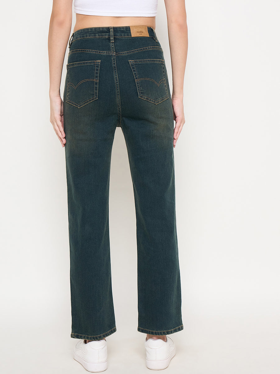 Madame Green Tinted Stone Wash Cotton Blend Denim Jeans