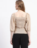 Madame Beige Ruched Top with Puff Sleeves