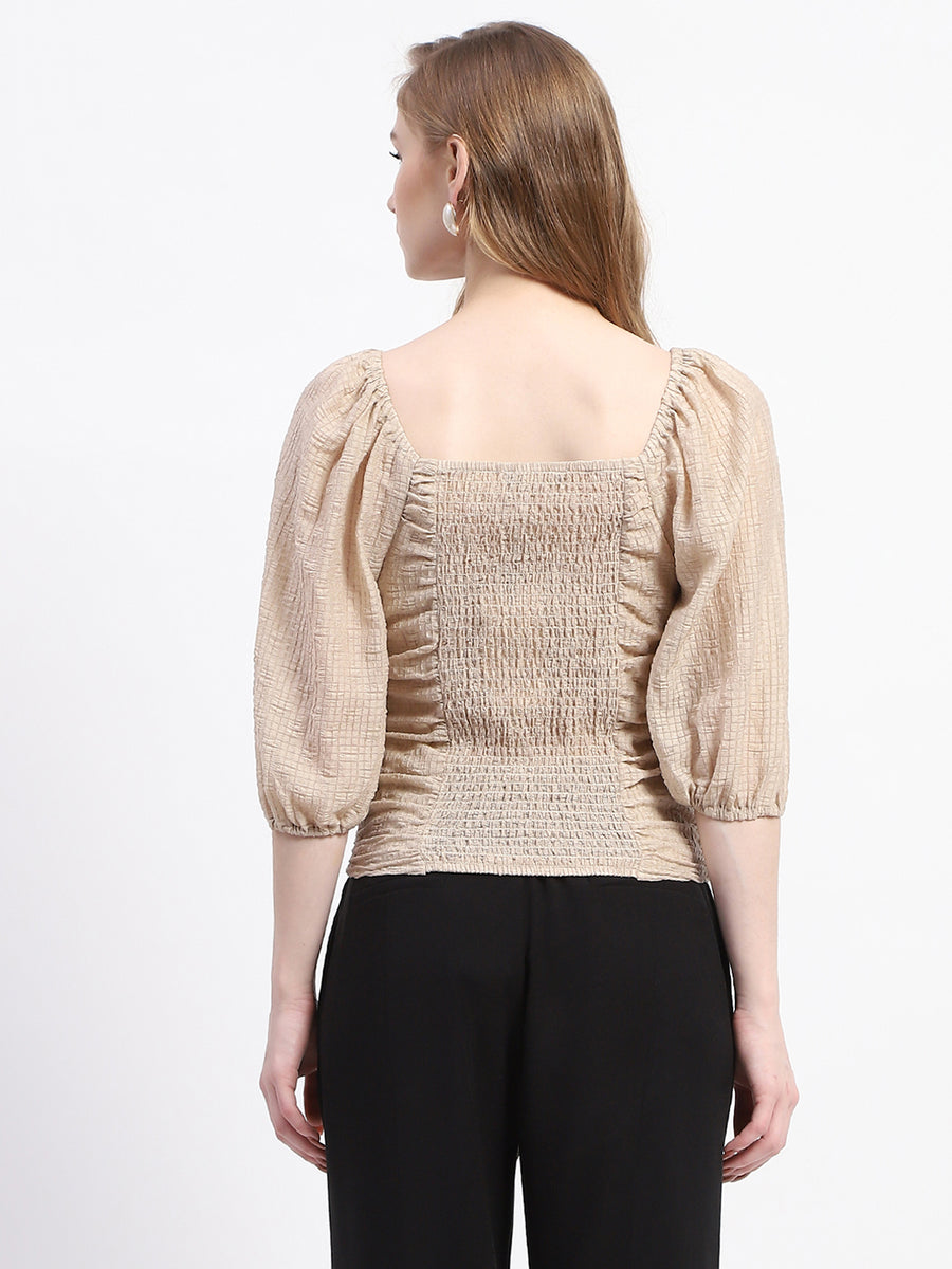 Madame Beige Ruched Top with Puff Sleeves