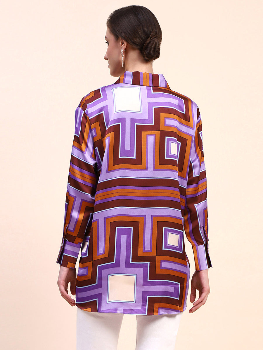 Camla Barcelona Geometric Print Cuff Sleeve Purple Shirt