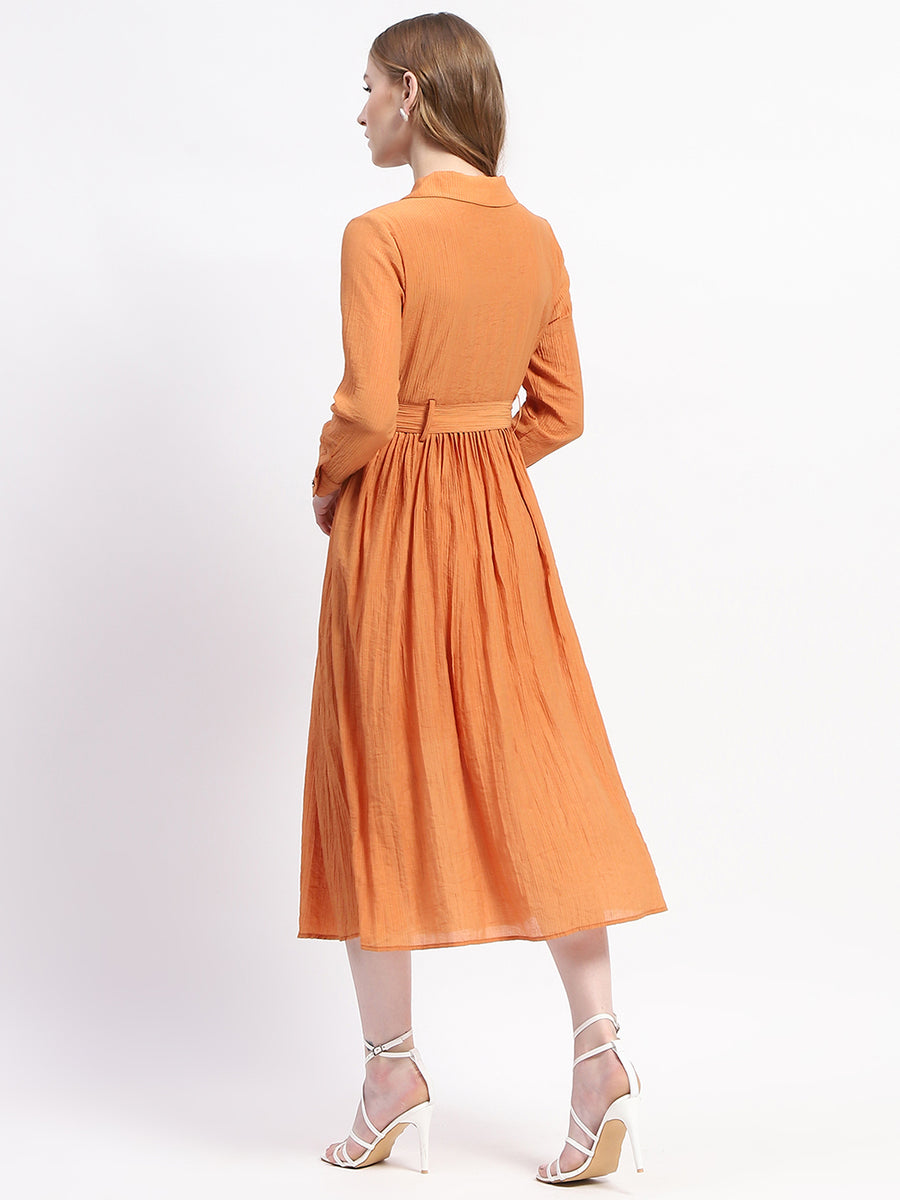 Madame Pleated Cotton Blend Orange Shirt Dress