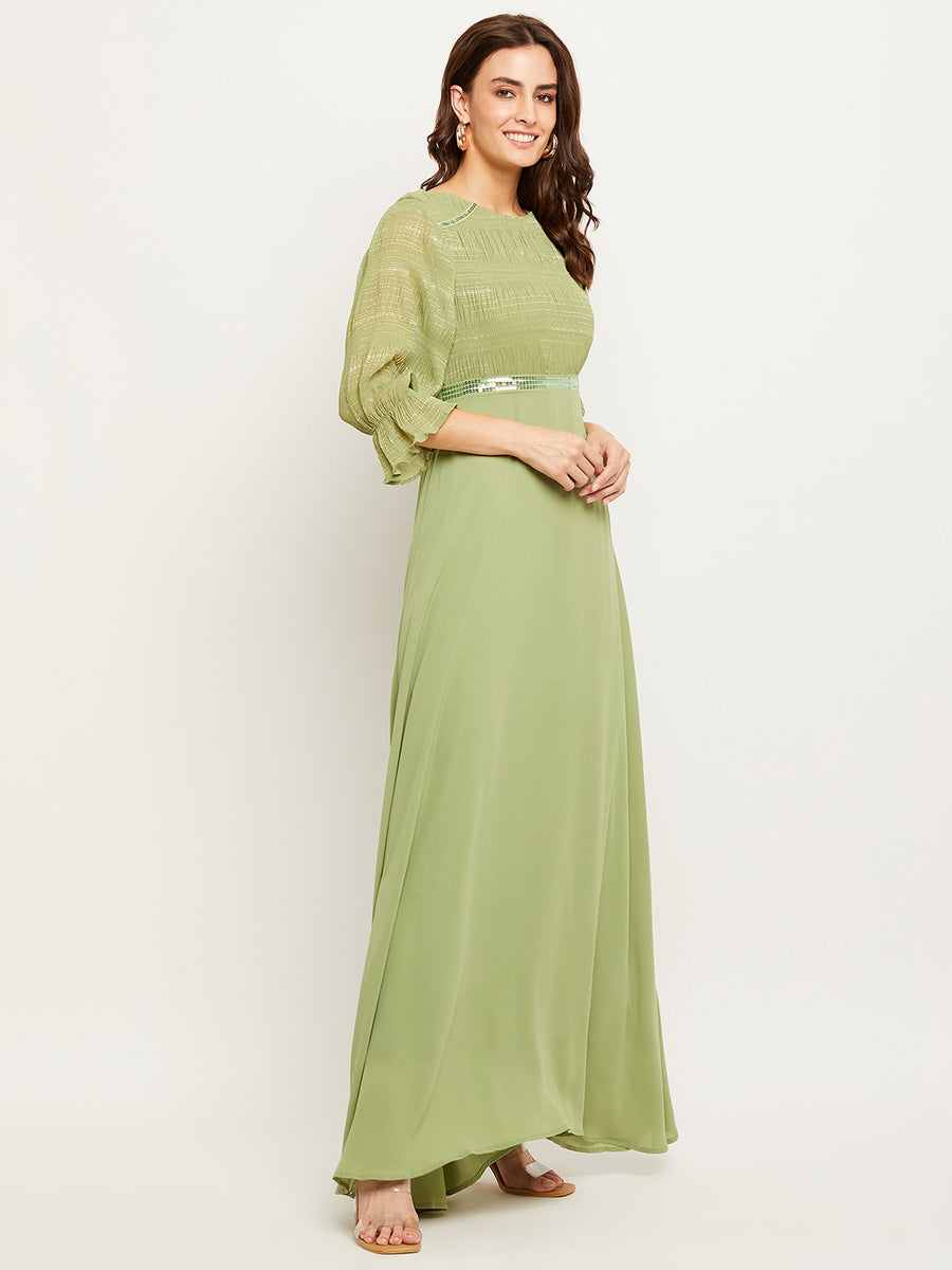 Madame Green Embellished Puff Sleeve Fit-Flare Dress