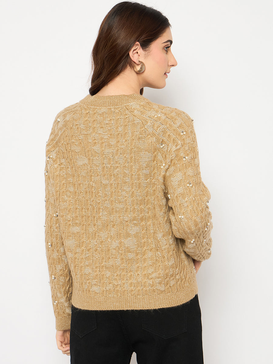 Madame Self Design Crew Neck Brown Sweater