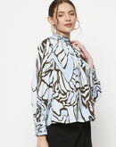 Madame Embellished Butterfly Print Sky Blue Mock Neck Top