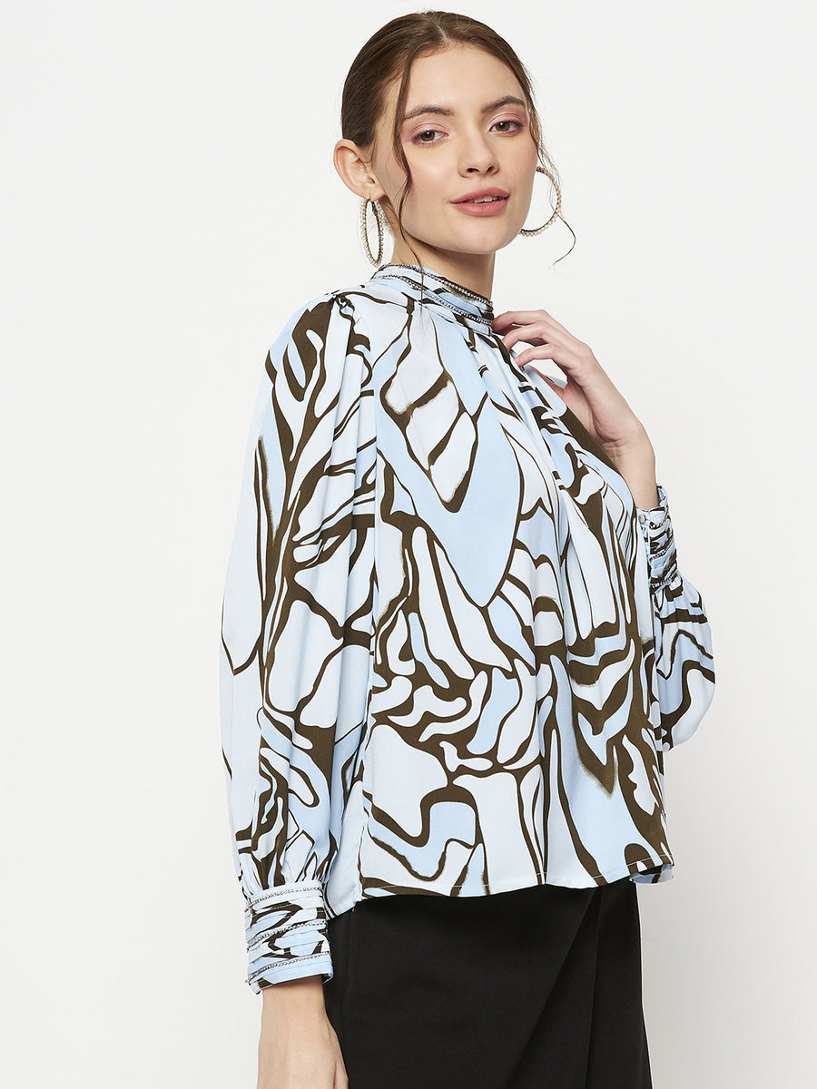 Madame Embellished Butterfly Print Sky Blue Mock Neck Top