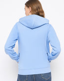 Madame Fleece Placement Printed Zipped Powder Blue Hooded Sweatshirt