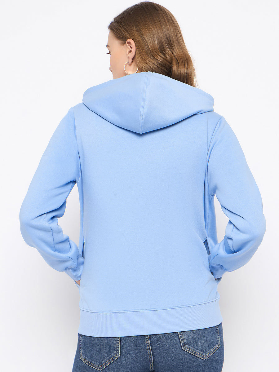 Madame Fleece Placement Printed Zipped Powder Blue Hooded Sweatshirt