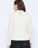 Madame Textured Mock Neck Solid Off White Top