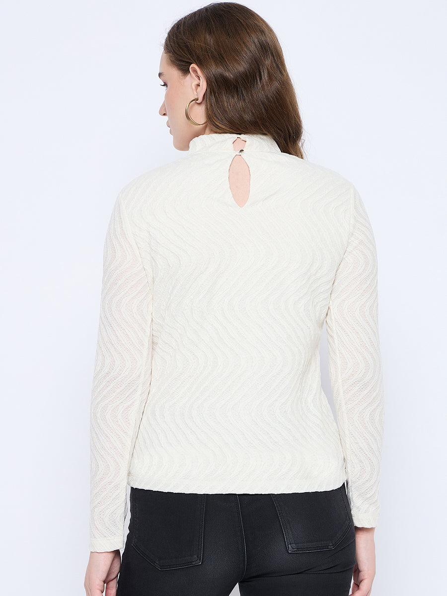 Madame Textured Mock Neck Solid Off White Top