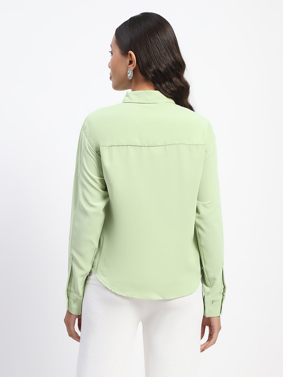 Madame Collar And Sleeve Embellished Green Shirt