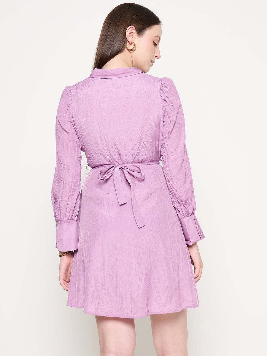 Madame Flounce Sleeved Belted Mauve Mini Dress