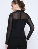 Madame Band Neck Embellished Solid Black Mesh Top