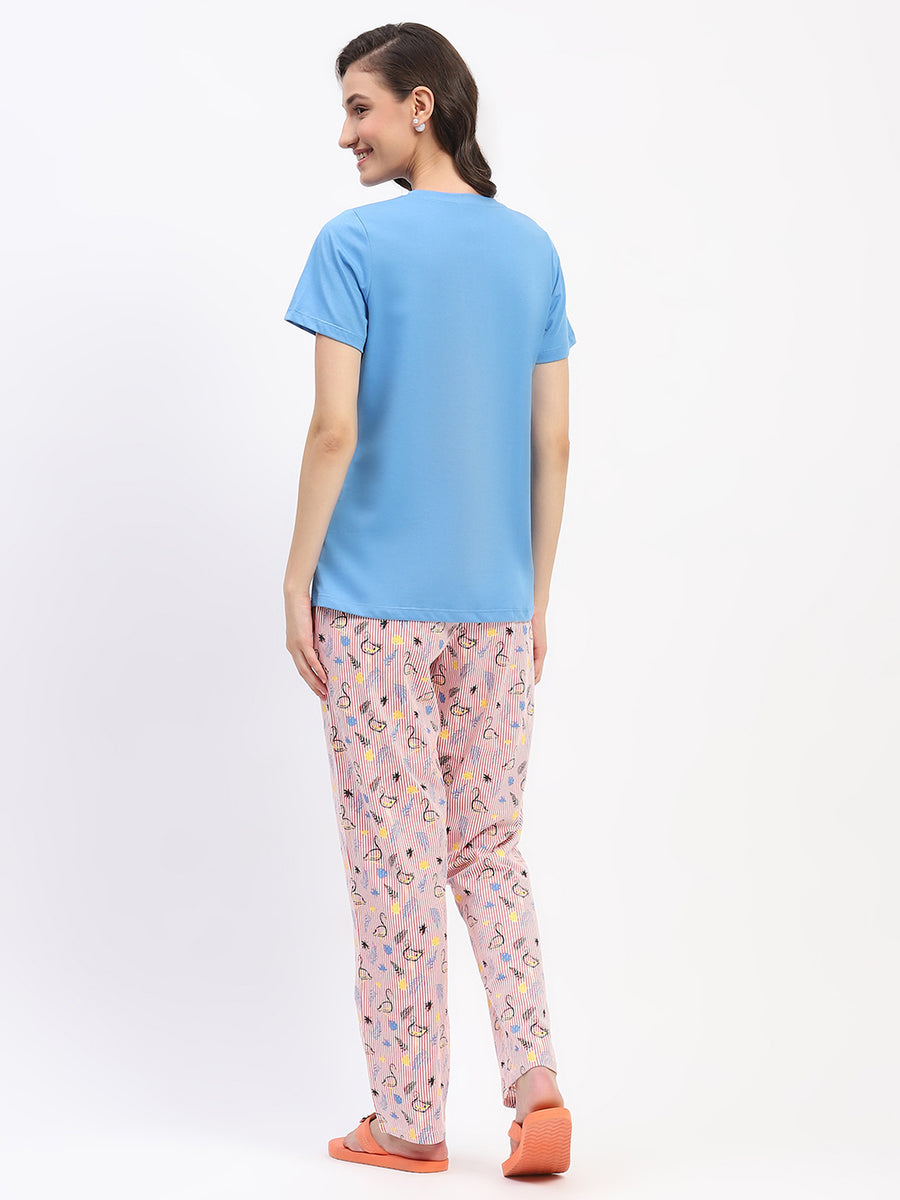 mSECRET Blue Cotton T-Shirt and Printed Pajama Night Suit Set