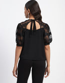 Madame Embroidered Crew Neck Black Mesh Top