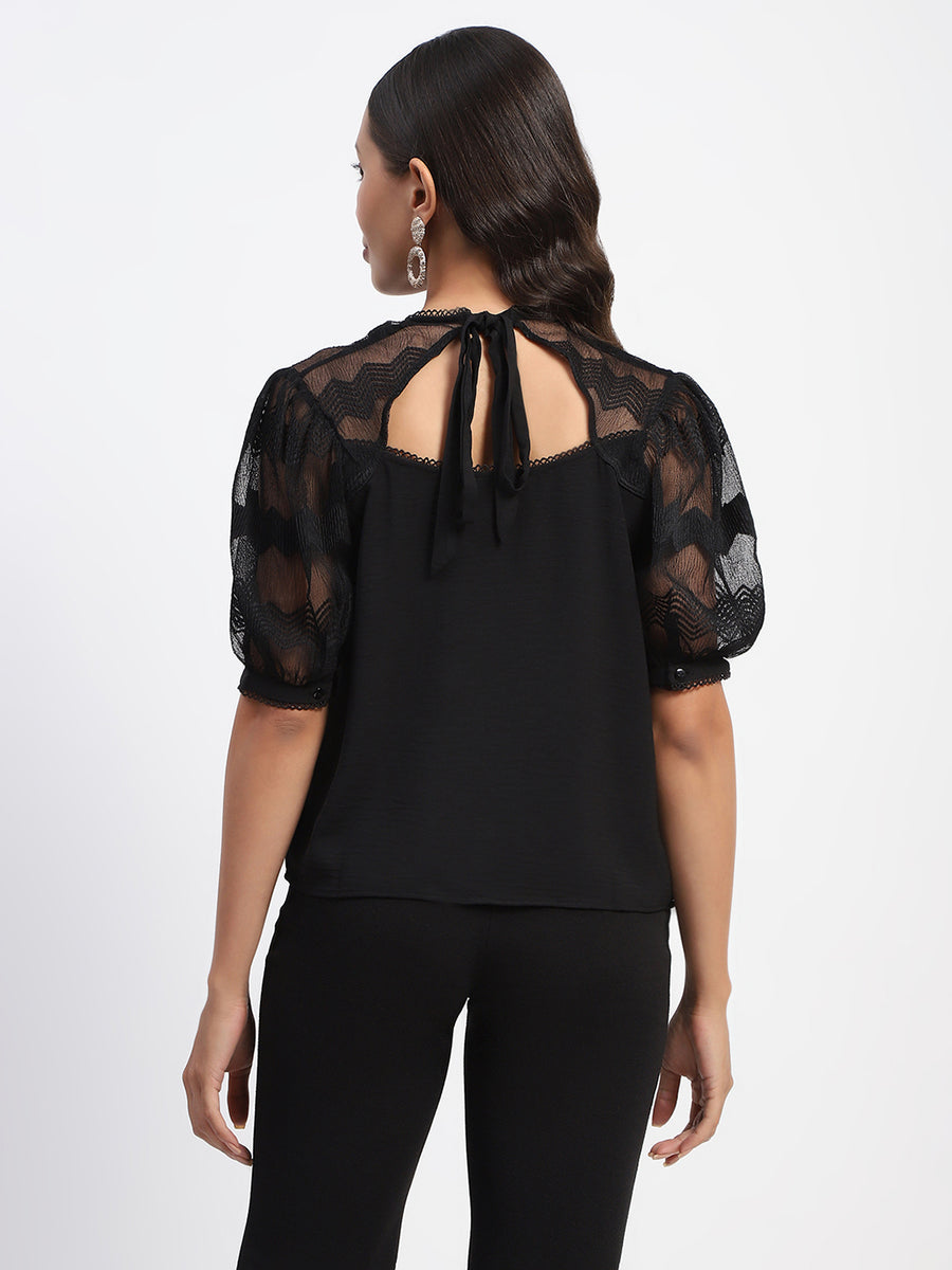 Madame Embroidered Crew Neck Black Mesh Top