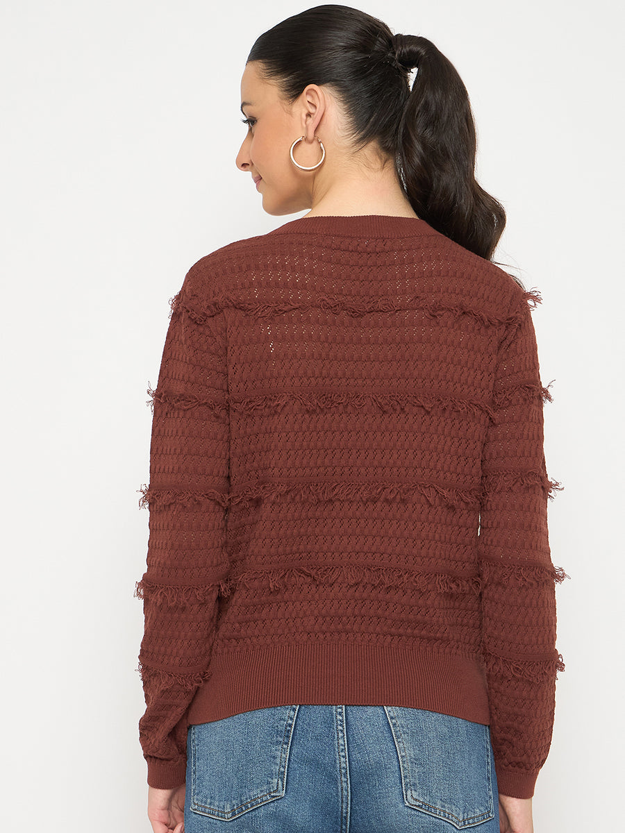 Madame Fringe Textured Chocolate Brown Cotton Sweater