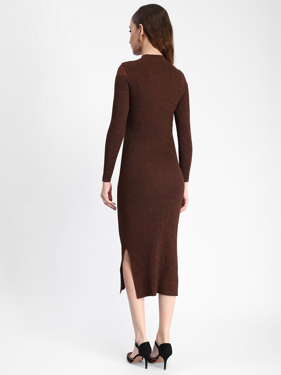 Madame Twisted Detailing Ribbed Bodycon Brown Dress