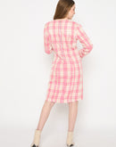 Madame Plaid Square Neck Pink Midi Sheath Dress