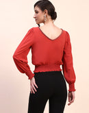 Camla Barcelona Embellished Boat Neck Cinch Waist Red Top