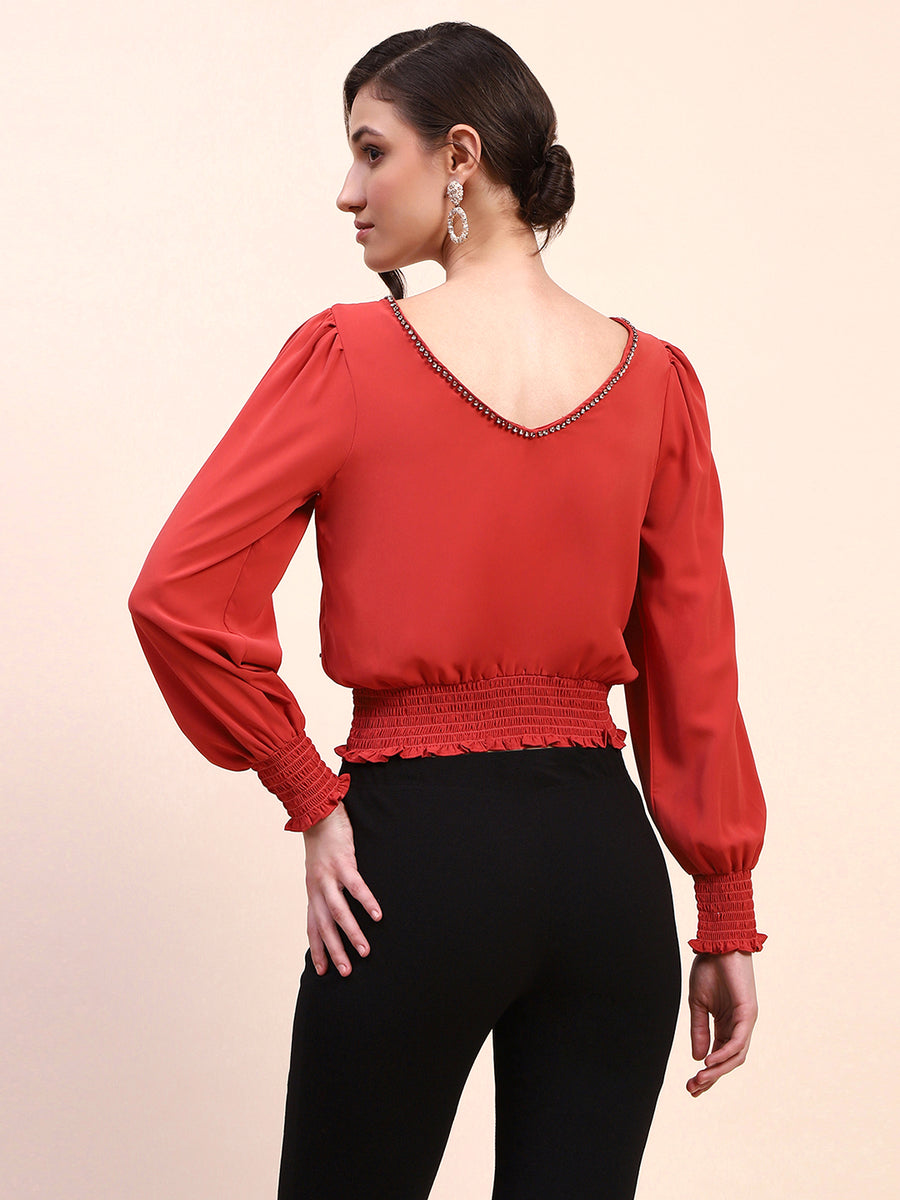 Camla Barcelona Embellished Boat Neck Cinch Waist Red Top