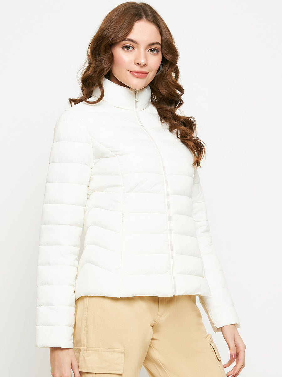 Madame Solid Off-White Quilted Jacket