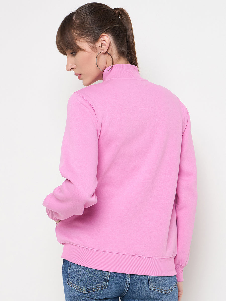 Madame Graphic Adorned Zipped Cotton Blend Pink Sweatshirt