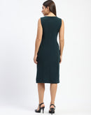 Madame Button Accented Asymmetrical Neck Teal Midi Dress