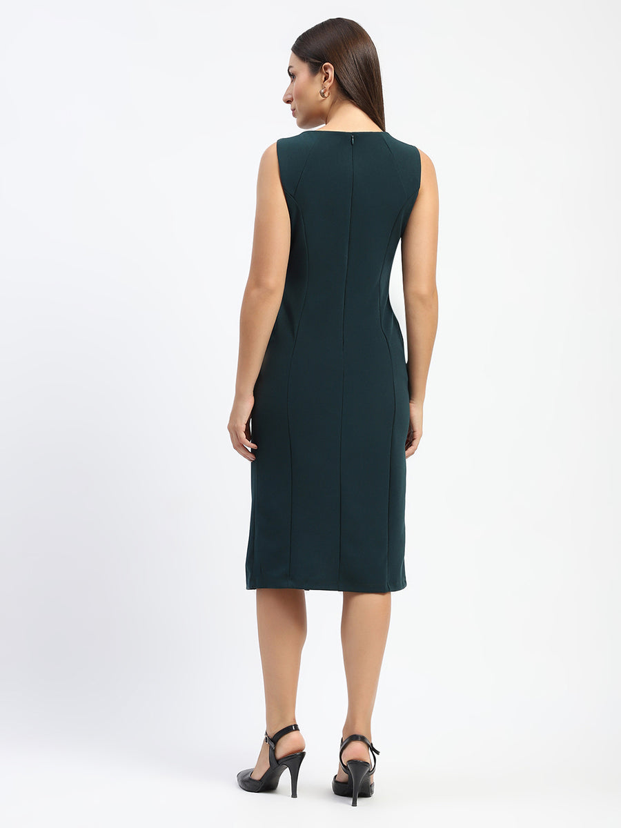 Madame Button Accented Asymmetrical Neck Teal Midi Dress