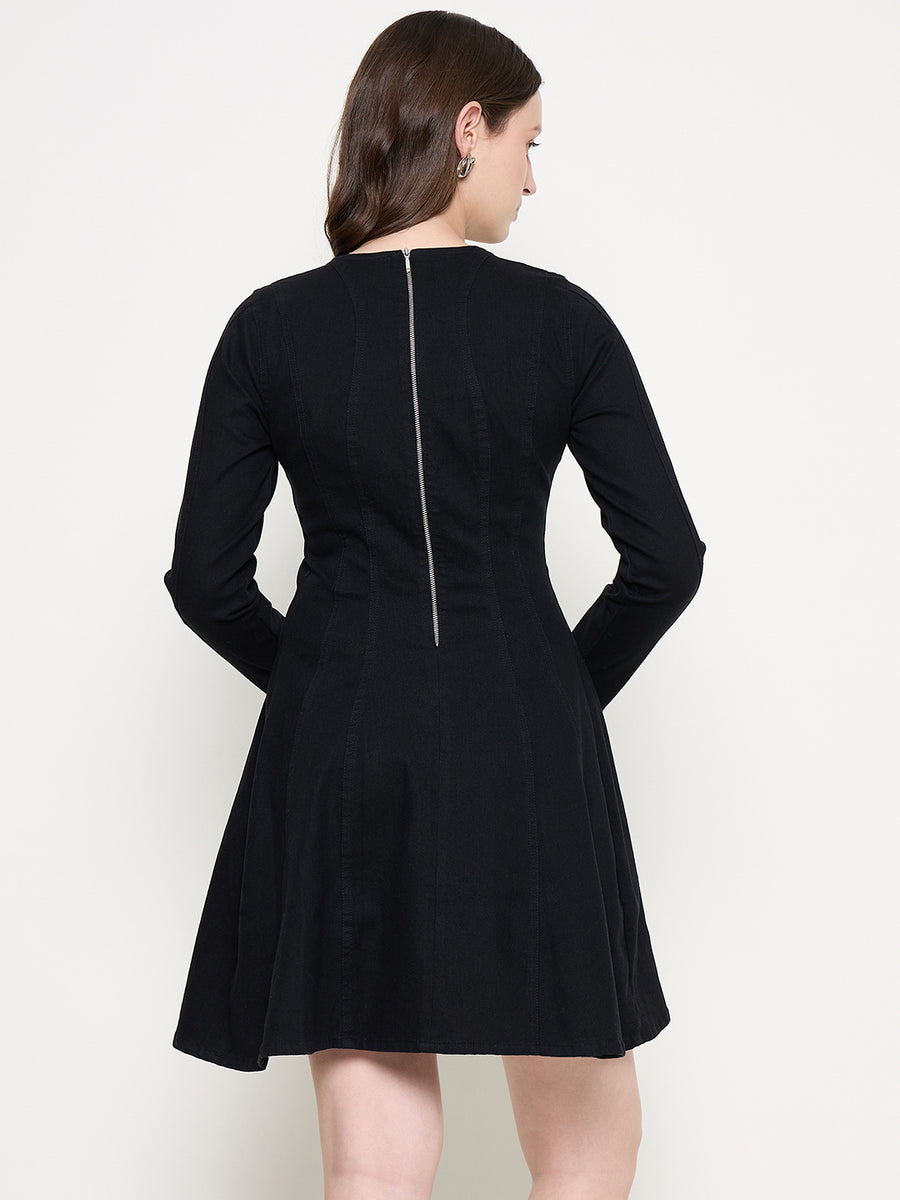 Madame Black A-line Cotton Blend Denim Dress