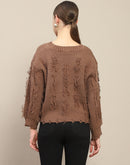 Madame Fringe Detailed V Neck Brown Sweater