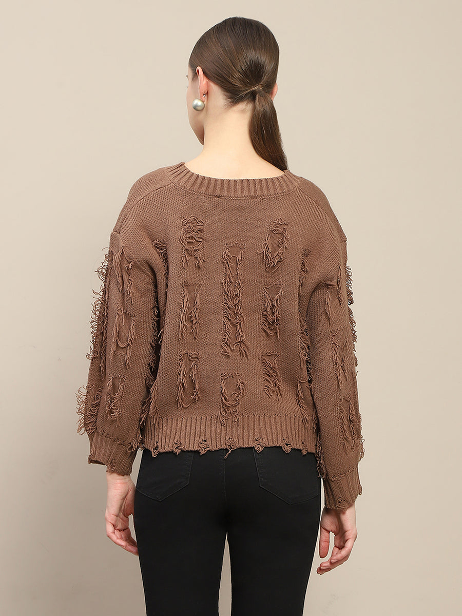 Madame Fringe Detailed V Neck Brown Sweater